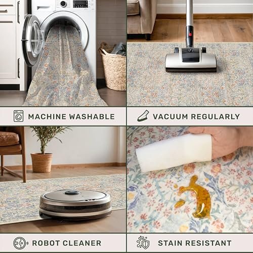 Washable Dining Room Rugs, 6x9 Area Rug for Living Room, Bedroom, Kids Playroom, Baby Nursery - Low Pile Non-Slip Lightweight - Oriental Vintage Design & Stain Resistance (6x9 Light Beige Blue)