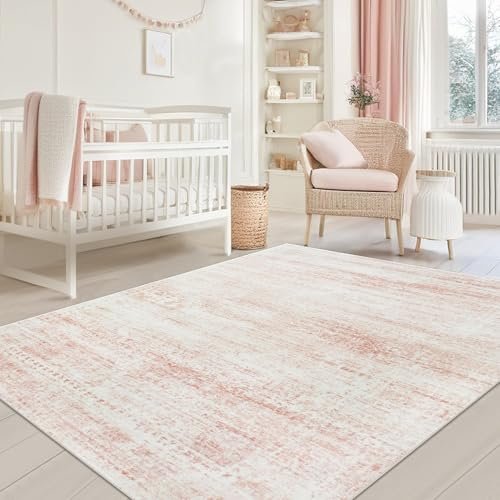 Washable Rugs 5x7 Area Rugs for Living Room,Bedroom,Dining Room- Ultra Soft Faux Wool Nursery Rug for Baby Girl,Neutral Light Pink Low Pile Vintage Carpets for Dorm Kids Playroom,Non Slip