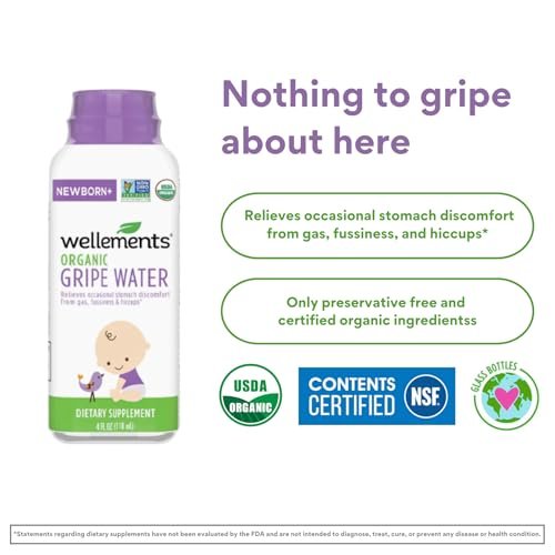 Wellements Organic Gripe Water | Relieves Occasional Stomach Discomfort from Baby Gas, Colic, Hiccups and Fussiness | Certified Organic and Non-GMO | No Artificial Flavors | 4 Fl Oz. | Ages Newborn+