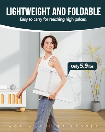 WOA WOA Step Ladder, Widen Pedals Foldable Step Stool, Lightweight Aluminum Ladder, Easy to Move Around, Anti-Slip Foot Stepladder for Household, Fold Thin & Space Save, 300 lbs Load (2 Step, White)