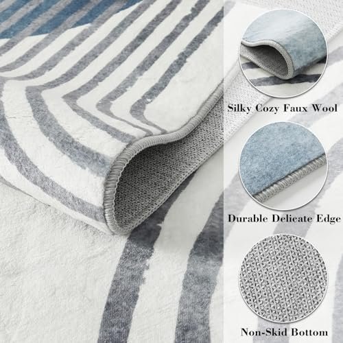 Wonnitar Boho Area Rug, 3x5 Washable Rugs for Living Room, Non-Slip Blue Rugs for Bedroom, Modern Abstract Low Pile Small Aesthetic Floor Carpet for Baby Boy Room Dorm Playroom (Blue,3'x5')