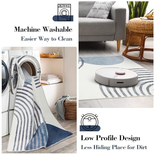 Wonnitar Boho Area Rug, 3x5 Washable Rugs for Living Room, Non-Slip Blue Rugs for Bedroom, Modern Abstract Low Pile Small Aesthetic Floor Carpet for Baby Boy Room Dorm Playroom (Blue,3'x5')