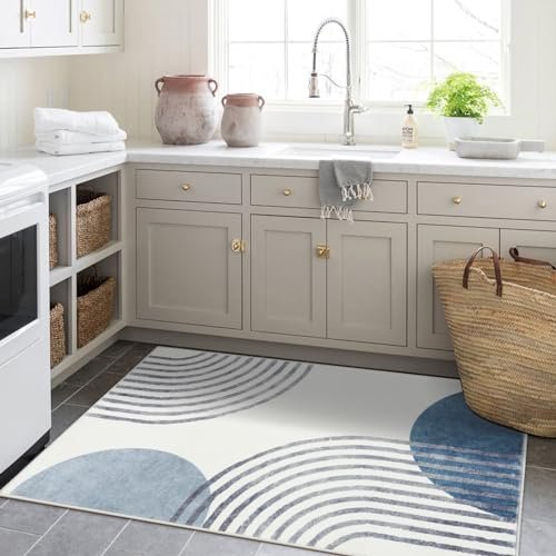 Wonnitar Boho Area Rug, 3x5 Washable Rugs for Living Room, Non-Slip Blue Rugs for Bedroom, Modern Abstract Low Pile Small Aesthetic Floor Carpet for Baby Boy Room Dorm Playroom (Blue,3'x5')