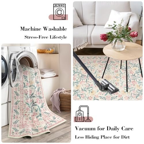 Wonnitar Machine Washable 5x7 Nursery Rug, Pink Rugs for Bedroom Girls, Boho Soft Floral Carpet Non Slip, Indoor Ultra-Thin Floor Carpet for Kid Room Living Room Dorm