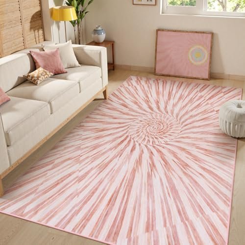 Wonnitar Pink Nursery Rug for Baby Girl, Washable 5x7 Ombre Print Area Rug, Ultra Thin Soft Modern Kids Room Carpet for Toddler Playroom, Living Room, Bedroom (5x7ft, Pink/Multi)