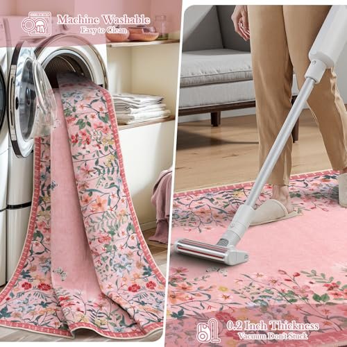 Wonnitar Washable 4x6 Rug, Pink Rugs for Girls Bedroom, Soft Non-Slip Nursery Area Rug, Floral Rugs Kids Room Low Pile Throw Carpet for Dorm Decor (Pink,4'x6')