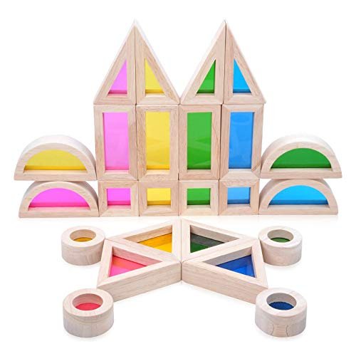 Wood Building Blocks Set 24pcs, Wooden Blocks for Toddlers, Rainbow Sensory Toys, Educational Toys, Preschool Wooden Stacking Toy for Kids