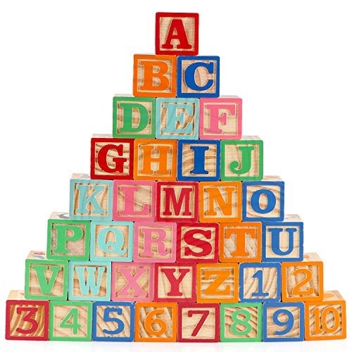 Wooden ABC Toy Building Blocks for Toddlers 1-3 36 PCS Wood Alphabet Number Blocks for Stacking Learning Preschool Educational Montessori Sensory Toys for Kids Boys Girls Gifts 1.7"