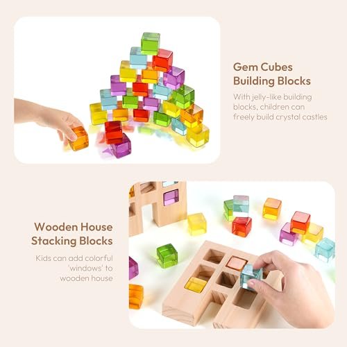 Wooden Building Blocks Set for Kids, 24 PCS Rainbow Gem Cubes Stacking Blocks - 2 Wood House, Montessori Stacking Toy for Toddlers, Educational STEM Learning Toy for Boys Girls 3-6