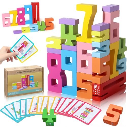 Wooden Number Building Blocks - 20Pcs Stacking for 3+ Years Old Kids, Digital Building Blocks, 1-10 Digital Blocks Toys, Balance Competition Toy, Educational Gift for Boys and Girls