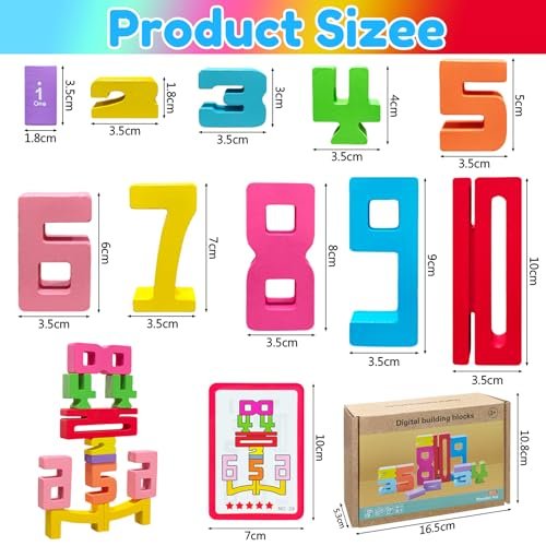 Wooden Number Building Blocks - 20Pcs Stacking for 3+ Years Old Kids, Digital Building Blocks, 1-10 Digital Blocks Toys, Balance Competition Toy, Educational Gift for Boys and Girls