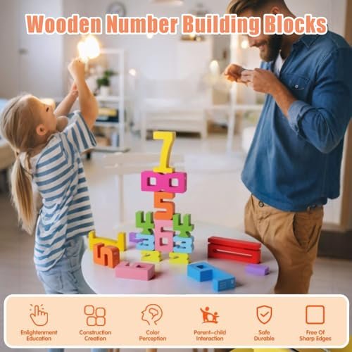Wooden Number Building Blocks, Montessori-Inspired Wooden Number Building Blocks, Math Learning Toys for Kids Digital Educational Counting Toys (20pcs)