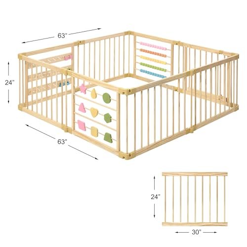 Wooden Playpen Extra Large for Toddlers and Babies - Foldable, Expandable, Adjustable - 8-10 Panels - Natural Wood - Unisex - Playpen