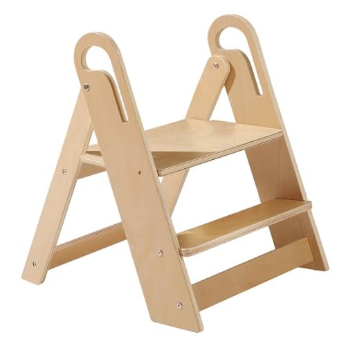 Wooden Step Stool for Toilet, 2-Step Toddler Stool with Handles, Foldable Kids Step Stool for Potty Training, Sturdy Child Stepping Stool for Bathroom Sink, Kitchen Counter and Bedroom, Natural