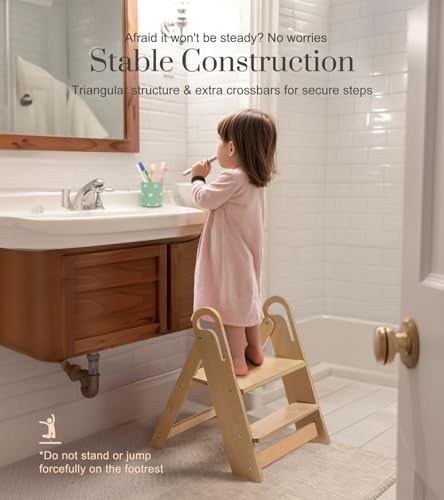 Wooden Step Stool for Toilet, 2-Step Toddler Stool with Handles, Foldable Kids Step Stool for Potty Training, Sturdy Child Stepping Stool for Bathroom Sink, Kitchen Counter and Bedroom, Natural