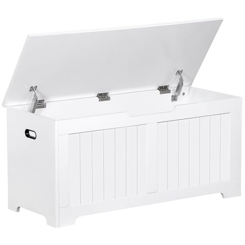 Wooden Storage Chest Box with Flip-top Lid & Safety Hinge, 39.4 Inch Living Room Organizer, Bedroom Bench, White