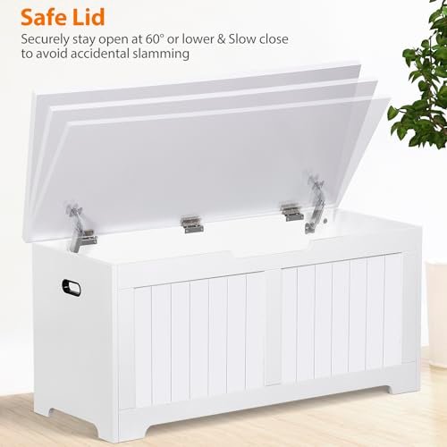 Wooden Storage Chest Box with Flip-top Lid & Safety Hinge, 39.4 Inch Living Room Organizer, Bedroom Bench, White