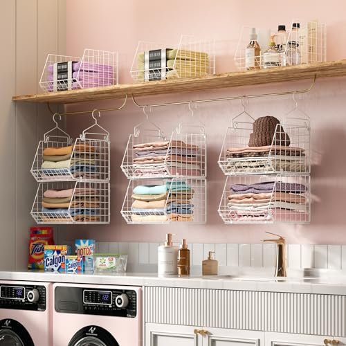 X-cosrack 6 Tier Closet Hanging Organizer, Clothes Hanging Shelves with 4 Hanging Hooks 5 S Hooks, Wire Storage Basket Bins, for Clothing Sweaters Shoes Handbags Clutches Accessories Patent