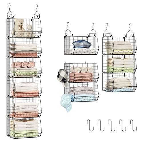 X-cosrack 6 Tier Closet Hanging Organizer, Clothes Shelves with 4 Hanging Hooks, 5 S Hooks, Wire Storage Basket Bins, for Clothing Sweaters Shoes Handbags Clutches Accessories Patent Design