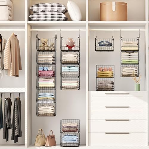 X-cosrack 6 Tier Closet Hanging Organizer, Clothes Shelves with 4 Hanging Hooks, 5 S Hooks, Wire Storage Basket Bins, for Clothing Sweaters Shoes Handbags Clutches Accessories Patent Design