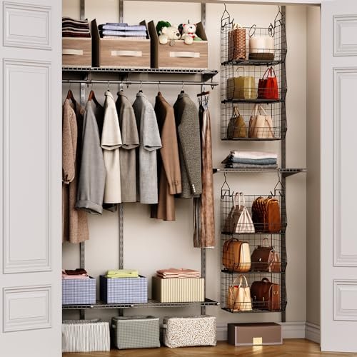 X-cosrack 6 Tier Closet Hanging Organizer, Clothes Shelves with 4 Hanging Hooks, 5 S Hooks, Wire Storage Basket Bins, for Clothing Sweaters Shoes Handbags Clutches Accessories Patent Design