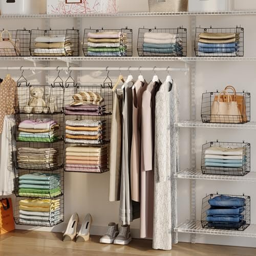 X-cosrack 6 Tier Closet Hanging Organizer, Clothes Shelves with 4 Hanging Hooks, 5 S Hooks, Wire Storage Basket Bins, for Clothing Sweaters Shoes Handbags Clutches Accessories Patent Design