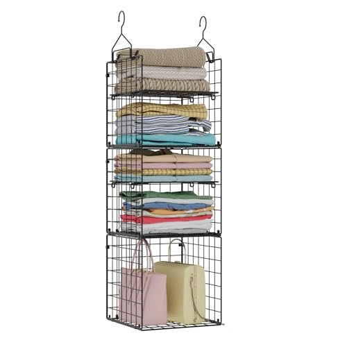 X-cosrack Hanging Closet Organizer and Storage - 5-Tier Closet Storage Organizer Baskets for Clothes & Adjustable Collapsible Metal Closet Hanging Organizer Shelves for Sweaters Shoes Handbags