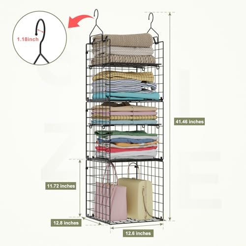 X-cosrack Hanging Closet Organizer and Storage - 5-Tier Closet Storage Organizer Baskets for Clothes & Adjustable Collapsible Metal Closet Hanging Organizer Shelves for Sweaters Shoes Handbags
