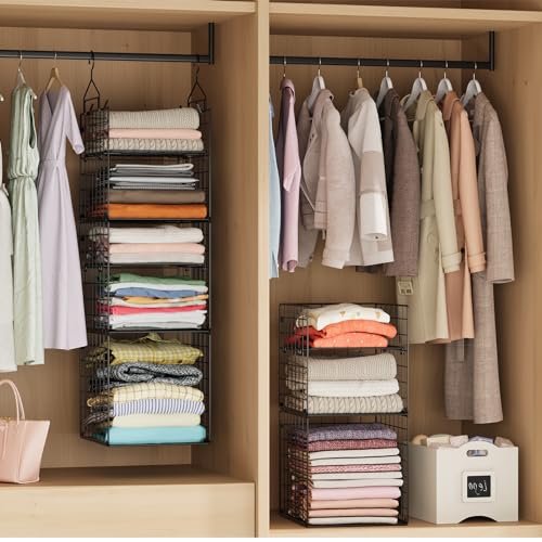 X-cosrack Hanging Closet Organizer and Storage - 5-Tier Closet Storage Organizer Baskets for Clothes & Adjustable Collapsible Metal Closet Hanging Organizer Shelves for Sweaters Shoes Handbags