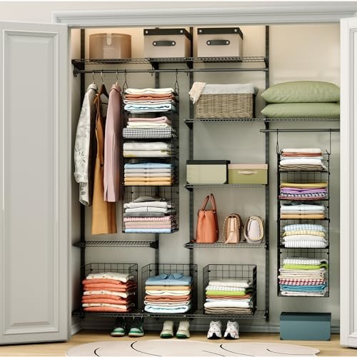 X-cosrack Hanging Closet Organizer and Storage - 5-Tier Closet Storage Organizer Baskets for Clothes & Adjustable Collapsible Metal Closet Hanging Organizer Shelves for Sweaters Shoes Handbags