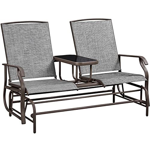 Yaheetech 2-Seat Outdoor Glider with Center Table, Patio Rocking Loveseat with Breathable Mesh Sturdy Metal Frame for Garden Pool Lawn