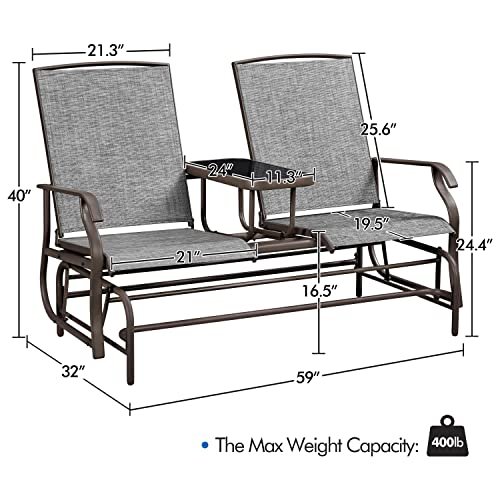 Yaheetech 2-Seat Outdoor Glider with Center Table, Patio Rocking Loveseat with Breathable Mesh Sturdy Metal Frame for Garden Pool Lawn
