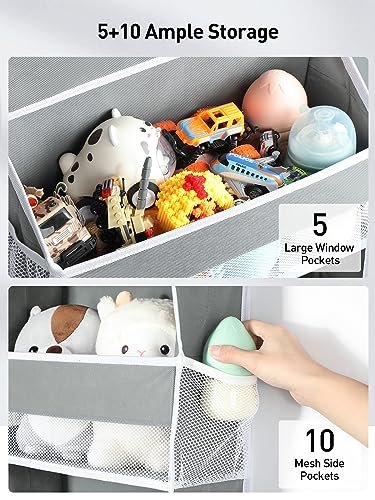 Yecaye 1 Pc Over the Door Organizer with 5 Bins 10 Side Pockets, 44lbs Load Hanging Bathroom and Bedroom Organizer, behind the Door Hanging Organizers for Nursery Newborn Baby Essential Stuff Grey