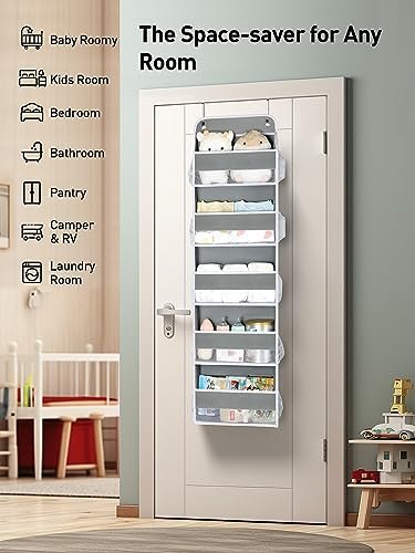 Yecaye 1 Pc Over the Door Organizer with 5 Bins 10 Side Pockets, 44lbs Load Hanging Bathroom and Bedroom Organizer, behind the Door Hanging Organizers for Nursery Newborn Baby Essential Stuff Grey