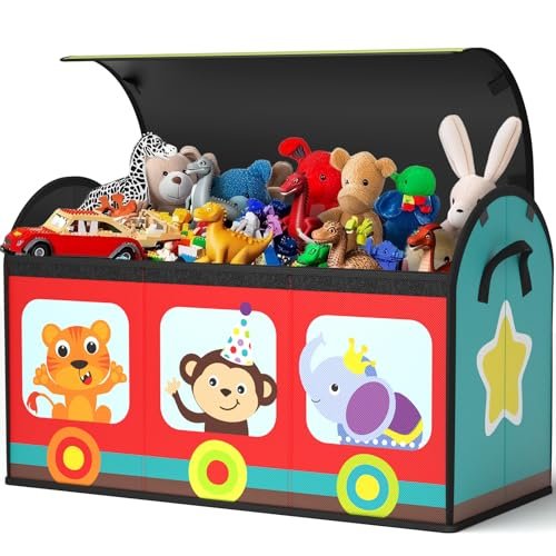YOHOOLYO Toy Storage Organizer for Kids, Large Sturdy Flip-Top Toy Box with Fabric Lid & Handles, Cute Train Design Toy Chest Bin Box Baskets for Playroom, Nursery, Boys, Girls
