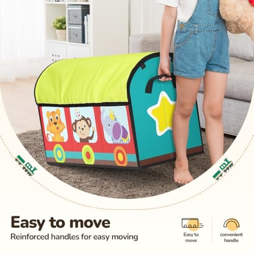 YOHOOLYO Toy Storage Organizer for Kids, Large Sturdy Flip-Top Toy Box with Fabric Lid & Handles, Cute Train Design Toy Chest Bin Box Baskets for Playroom, Nursery, Boys, Girls