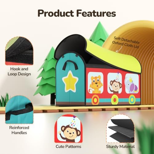 YOHOOLYO Toy Storage Organizer for Kids, Large Sturdy Flip-Top Toy Box with Fabric Lid & Handles, Cute Train Design Toy Chest Bin Box Baskets for Playroom, Nursery, Boys, Girls