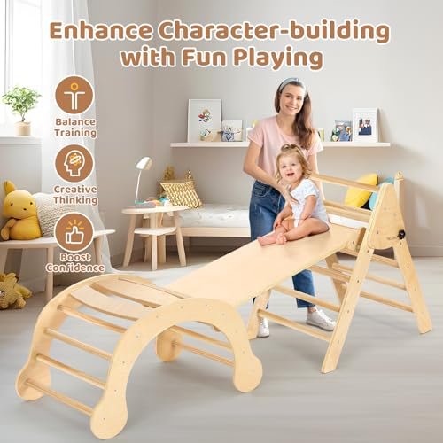 YOLEO 7-in-1 Pikler Triangle Set, Montessori Toddler Climbing Toys Indoor, Easy-Fold Pikler Climbing Set for Early Education, Fun Baby Climbing Gym and Jungle Gyms Indoor Playground for Kids 1-3