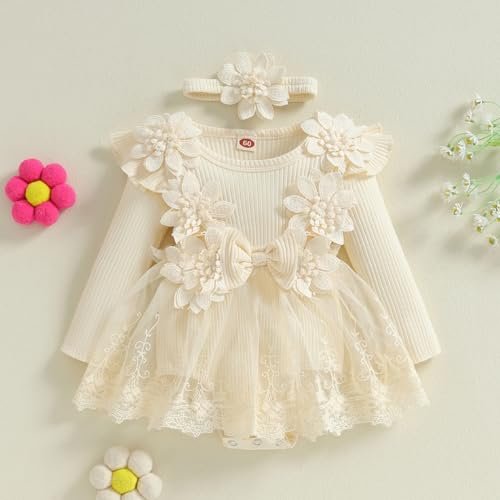 ZAXARRA Infant Baby Girl Romper Dress Baby Dress Romper Flowers Lace Fall Winter Clothes with Headband