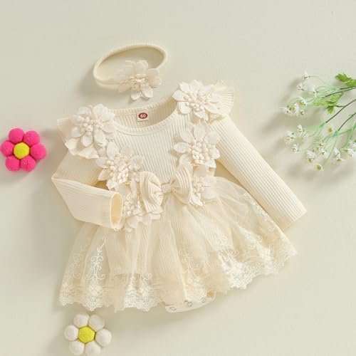 ZAXARRA Infant Baby Girl Romper Dress Baby Dress Romper Flowers Lace Fall Winter Clothes with Headband