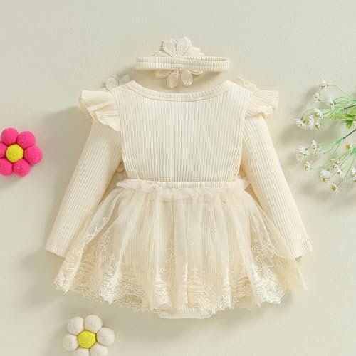 ZAXARRA Infant Baby Girl Romper Dress Baby Dress Romper Flowers Lace Fall Winter Clothes with Headband