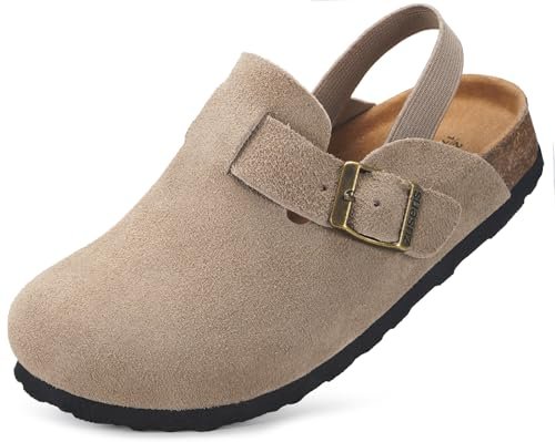 ZUSERIS Kids Suede Clogs Toddler Clogs Boys Girls Cork Footbed Sandals Potato Shoes Leather Slip On Mules with Adjustable Buckle