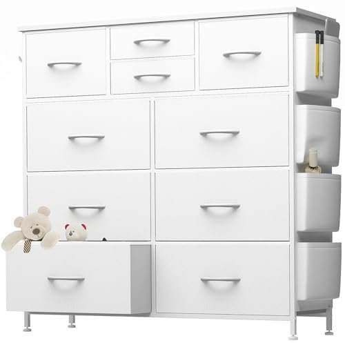 10 Drawer Dresser, Chest of Drawers for Bedroom, PU Dresser with Side Pockets, Hooks, Wooden Top and Sturdy Metal Frame for Living Room, Closet, Hallway (White)