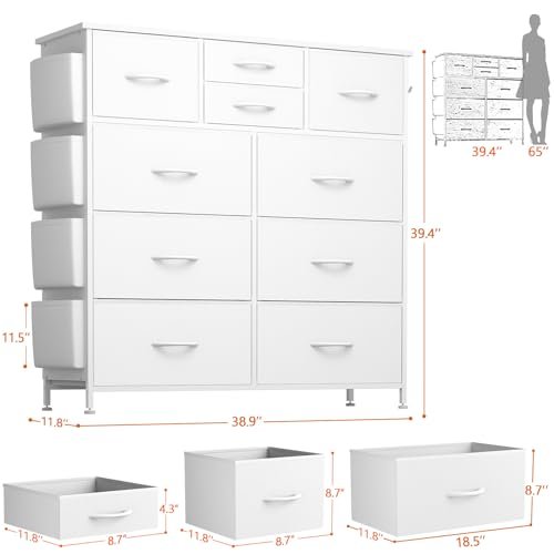 10 Drawer Dresser, Chest of Drawers for Bedroom, PU Dresser with Side Pockets, Hooks, Wooden Top and Sturdy Metal Frame for Living Room, Closet, Hallway (White)