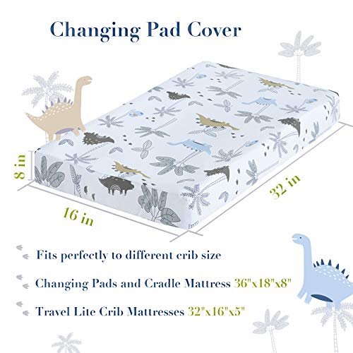 100% Cotton Changing Pad Cover for Baby Boys, Dinosaur Changing Pad Cover - Changing Table Sheets Blue - 2 Pack Changing Table Covers, 32"x16" x 8" Diaper Changing Pad Cover (Dino Safari)