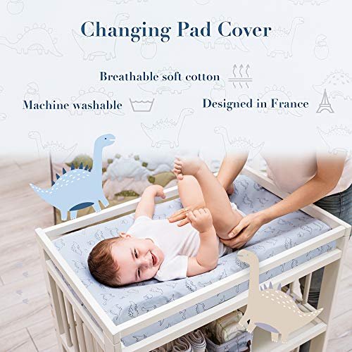 100% Cotton Changing Pad Cover for Baby Boys, Dinosaur Changing Pad Cover - Changing Table Sheets Blue - 2 Pack Changing Table Covers, 32"x16" x 8" Diaper Changing Pad Cover (Dino Safari)