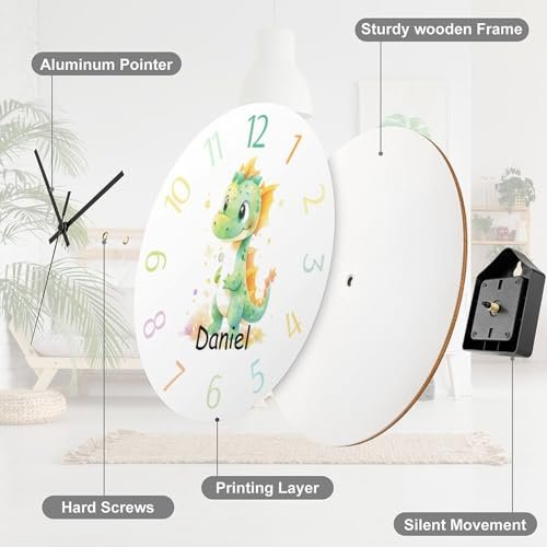 12 Inch Personalized Cute Dragon Kids Wall Clock, Custom Dragon Nursery Decor, Baby Gift