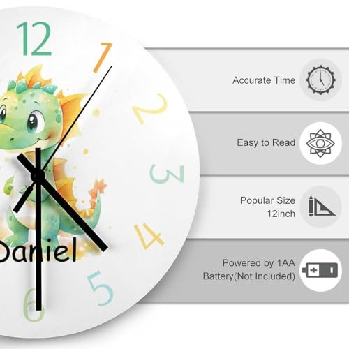 12 Inch Personalized Cute Dragon Kids Wall Clock, Custom Dragon Nursery Decor, Baby Gift
