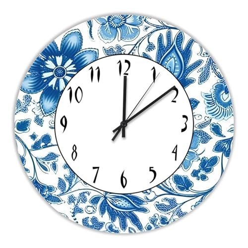 12 Inch PVC Wall Clocks Retro Blue Floral Digital Wall Clock Large Clock Wall Decorations for Home Bedroom Office School Nursery Cafe Bar Pub Home Decor