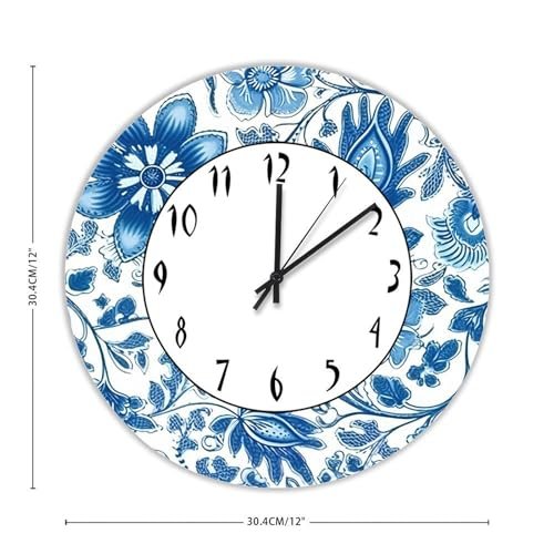 12 Inch PVC Wall Clocks Retro Blue Floral Digital Wall Clock Large Clock Wall Decorations for Home Bedroom Office School Nursery Cafe Bar Pub Home Decor